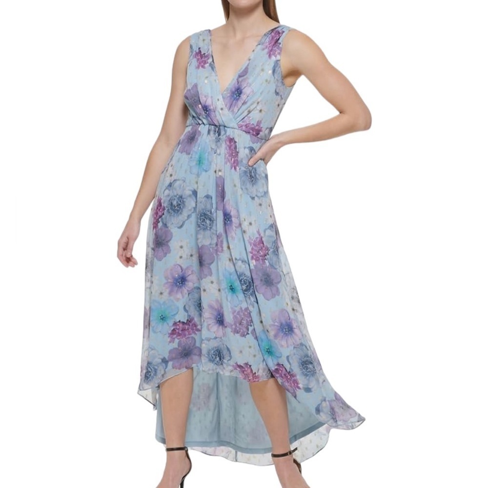 Jessica Howard Pale Blue Floral High-Low Chiffon Dress